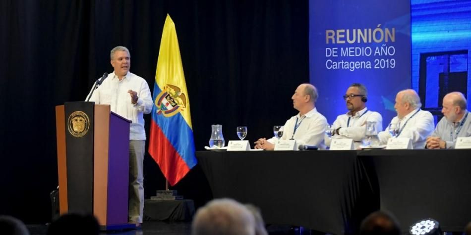 Colombias President Iván Duque during his presentation to the IAPA Midyear Meeting.