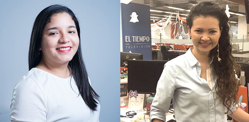 Left, Karina Montoya from Perú and, at right, Paulina Angarita in tne newsroom of El Tiempo.