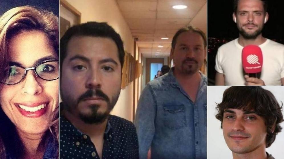 Some of the arrested journalists: Maurén Barriga Vargas, Rodrigo Pérez, Gonzalo Barahona, Baptiste des Monstiers and Gonzalo Domínguez Loeda. (Photomontage from elconfidencial.com)