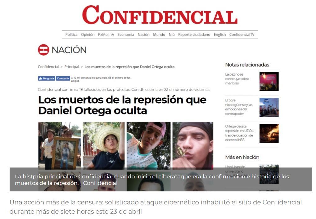 When the cyber attack began, the magazine Confidencial was reporting about the deaths toll during the protests. (Capture)